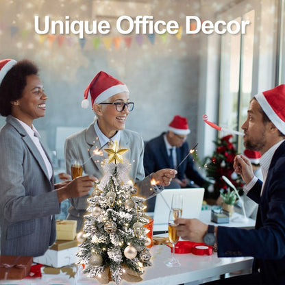 2Ft Mini Christmas Tree with Light Artificial Small Tabletop Christmas Decoration with Flocked Snow, Exquisite Decor & Xmas Ornaments for Table Top for Home & Office, Rose Gold