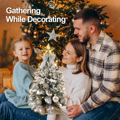 2Ft Mini Christmas Tree with Light Artificial Small Tabletop Christmas Decoration with Flocked Snow, Exquisite Decor & Xmas Ornaments for Table Top for Home & Office, Rose Gold